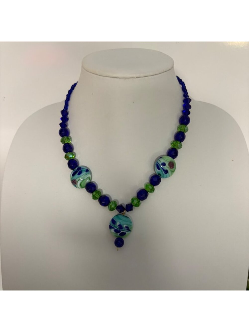 Handcrafted Blue Green Faceted Beaded Necklace Swirled Ceramic Beads Statement